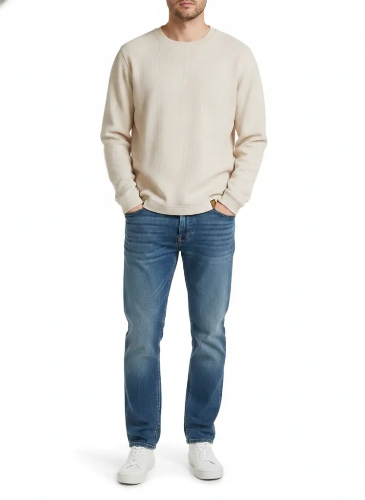 AI Generated Modelo con suéter fino G-Star, jeans y deportivas blancas - fondo blanco
